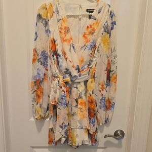 Express Long Sleeve Floral Romper- Orange, Blue, Yellow